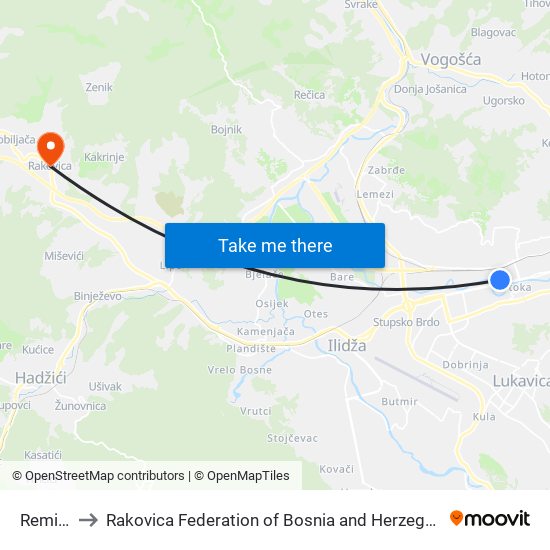 Remiza to Rakovica Federation of Bosnia and Herzegovina map