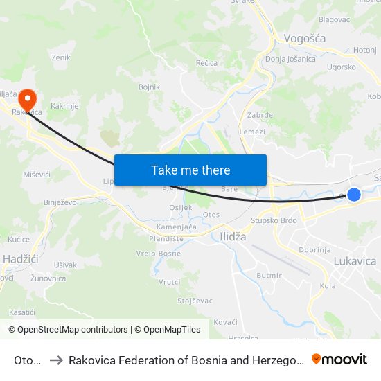 Otoka to Rakovica Federation of Bosnia and Herzegovina map