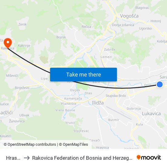 Hrasno to Rakovica Federation of Bosnia and Herzegovina map