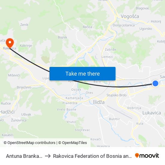 Antuna Branka Šimića to Rakovica Federation of Bosnia and Herzegovina map