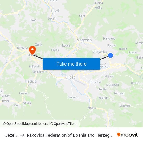 Jezero to Rakovica Federation of Bosnia and Herzegovina map