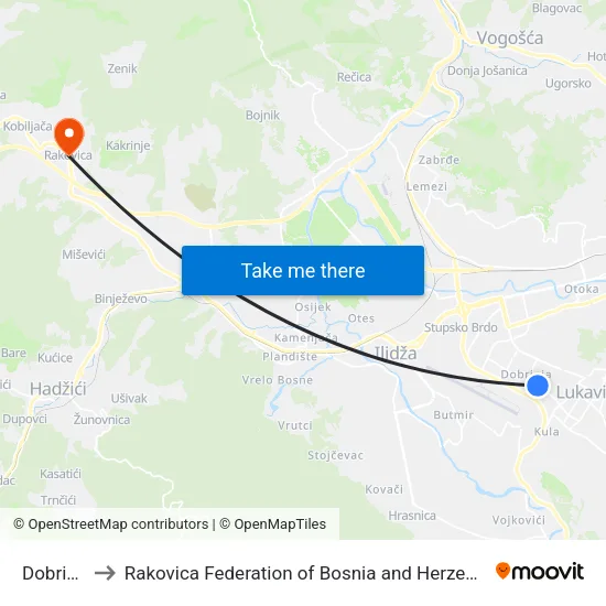 Dobrinja to Rakovica Federation of Bosnia and Herzegovina map