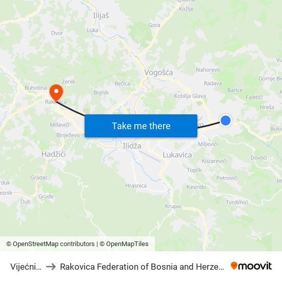 Vijećnica to Rakovica Federation of Bosnia and Herzegovina map