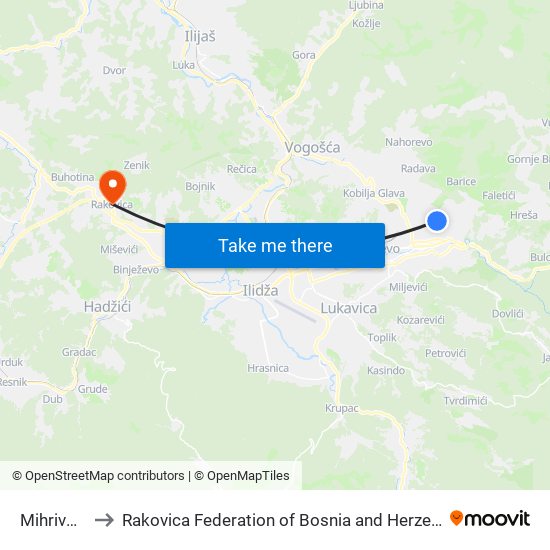Mihrivode to Rakovica Federation of Bosnia and Herzegovina map