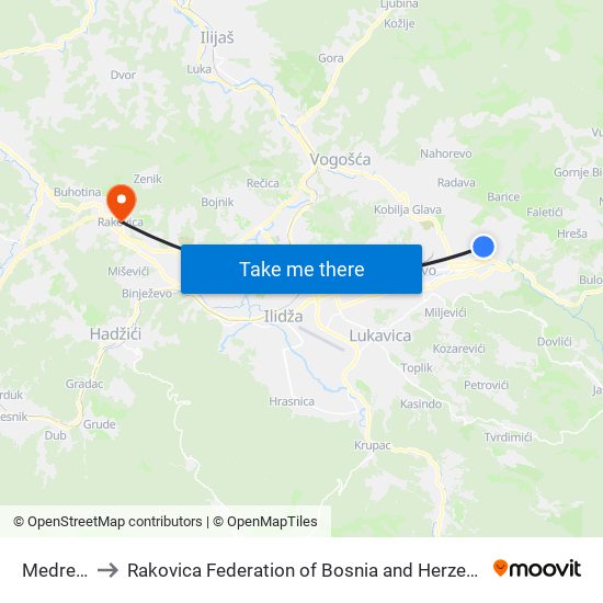 Medrese to Rakovica Federation of Bosnia and Herzegovina map