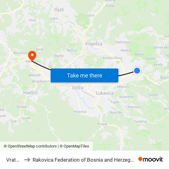 Vratnik to Rakovica Federation of Bosnia and Herzegovina map