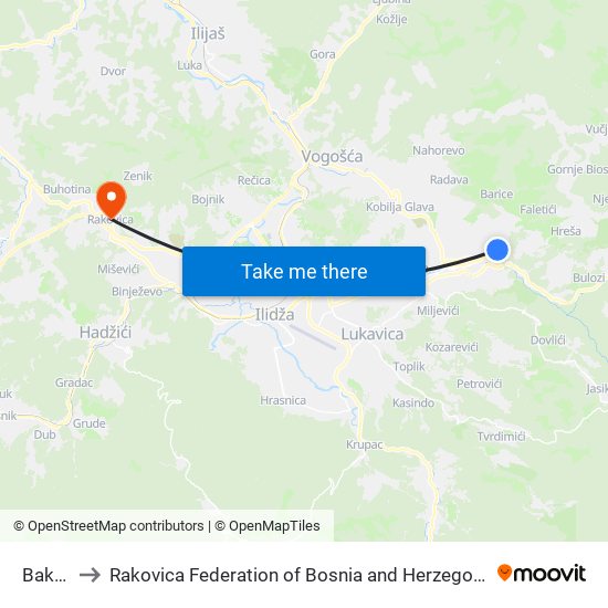 Bakije to Rakovica Federation of Bosnia and Herzegovina map