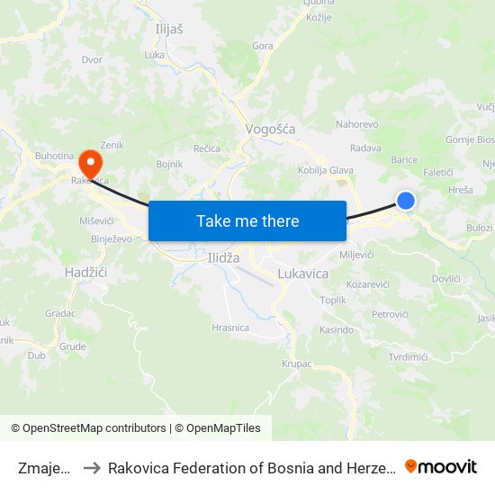 Zmajevac to Rakovica Federation of Bosnia and Herzegovina map