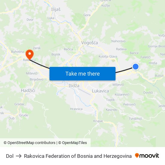 Dol to Rakovica Federation of Bosnia and Herzegovina map