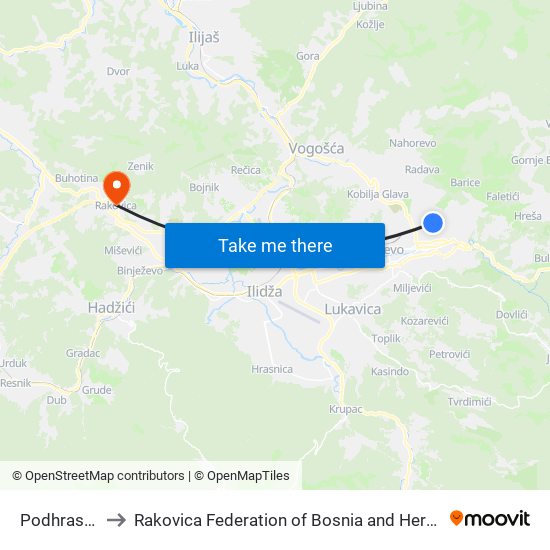 Podhrastovi to Rakovica Federation of Bosnia and Herzegovina map