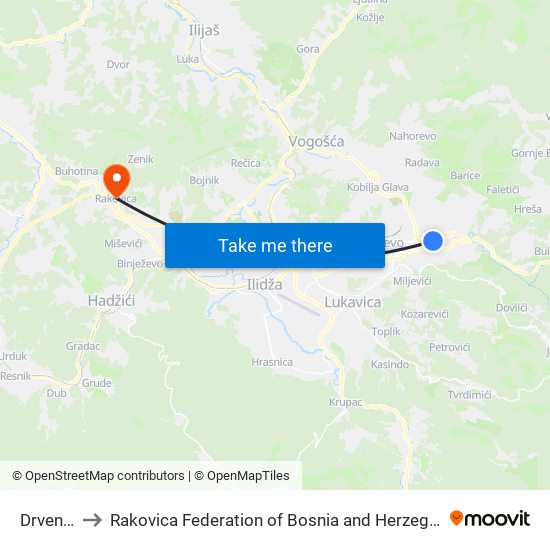Drvenija to Rakovica Federation of Bosnia and Herzegovina map