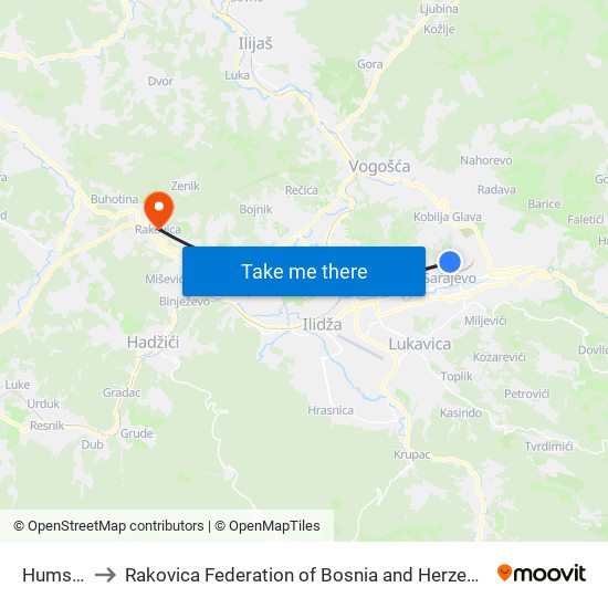 Humska to Rakovica Federation of Bosnia and Herzegovina map