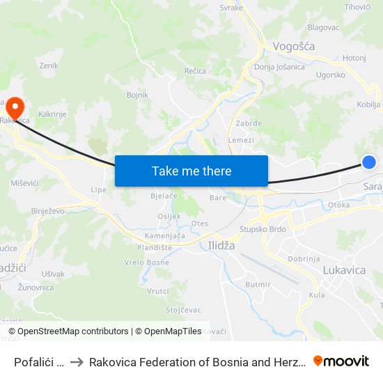 Pofalići Mz to Rakovica Federation of Bosnia and Herzegovina map