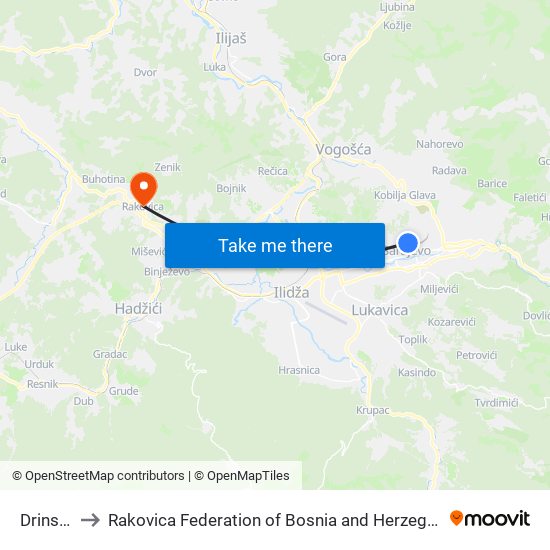Drinska to Rakovica Federation of Bosnia and Herzegovina map