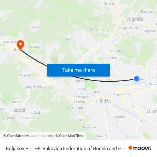 Boljakov Potok to Rakovica Federation of Bosnia and Herzegovina map