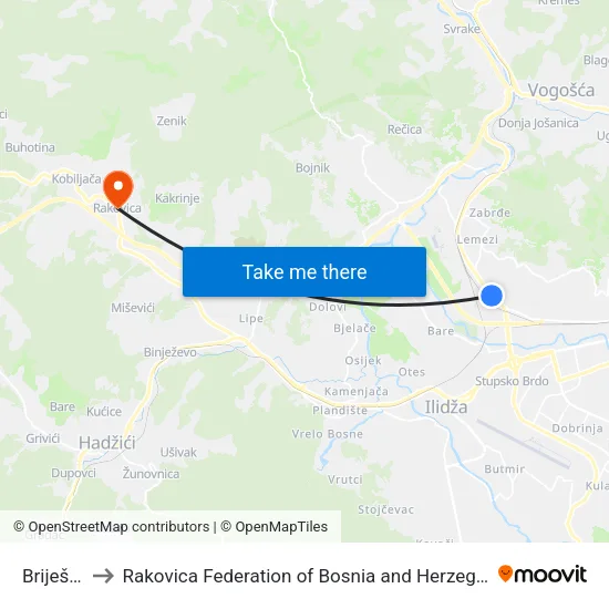 Briješće to Rakovica Federation of Bosnia and Herzegovina map