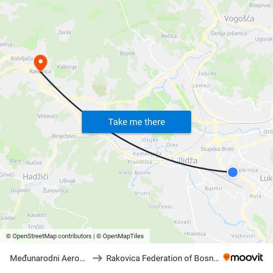 Međunarodni Aerodrom Sarajevo to Rakovica Federation of Bosnia and Herzegovina map