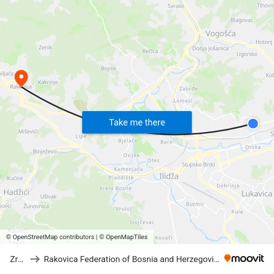Zrak to Rakovica Federation of Bosnia and Herzegovina map