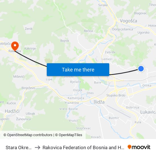 Stara Okretnica to Rakovica Federation of Bosnia and Herzegovina map