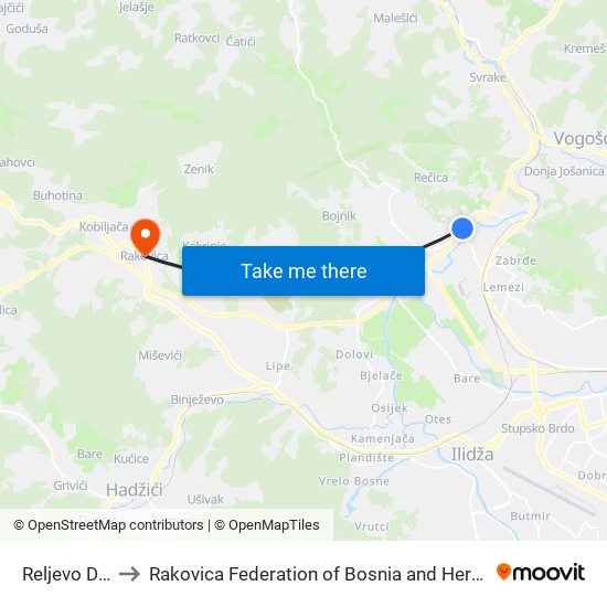 Reljevo Dom to Rakovica Federation of Bosnia and Herzegovina map