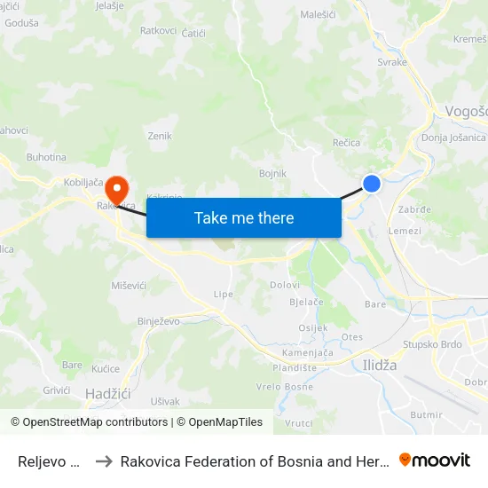 Reljevo Dom to Rakovica Federation of Bosnia and Herzegovina map
