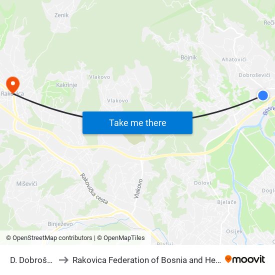 D. Dobroševići to Rakovica Federation of Bosnia and Herzegovina map