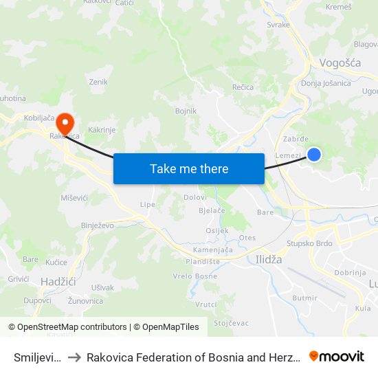 Smiljevići I to Rakovica Federation of Bosnia and Herzegovina map