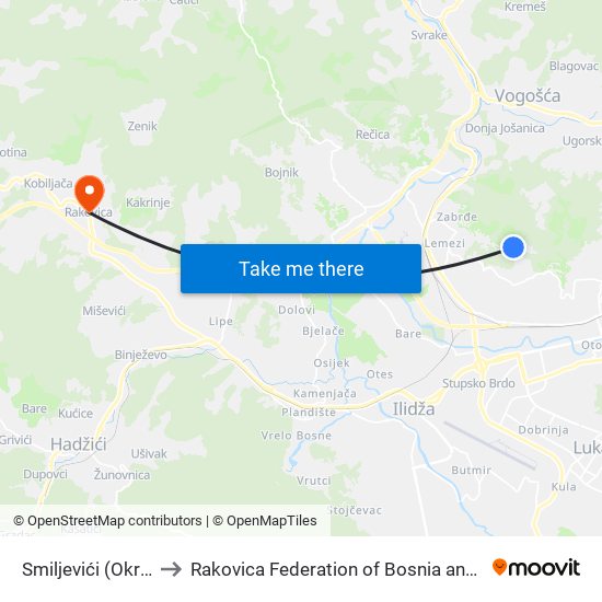 Smiljevići (Okretnica) to Rakovica Federation of Bosnia and Herzegovina map