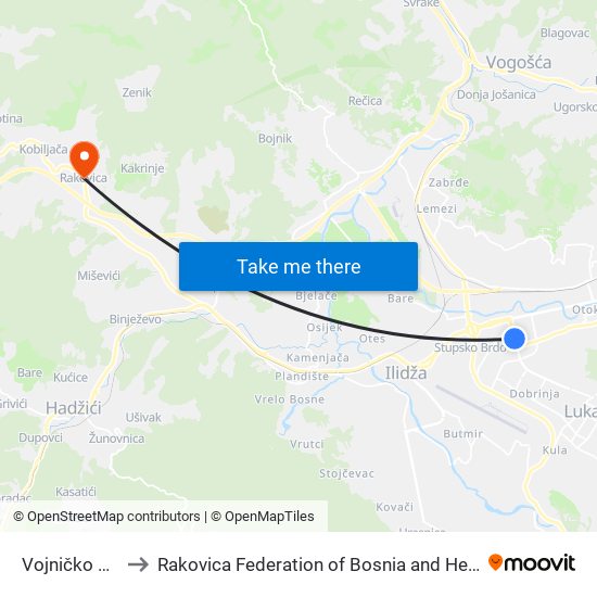 Vojničko Polje to Rakovica Federation of Bosnia and Herzegovina map