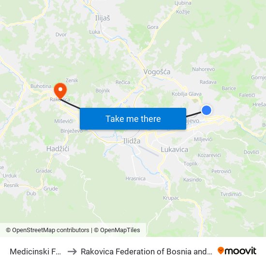 Medicinski Fakultet to Rakovica Federation of Bosnia and Herzegovina map