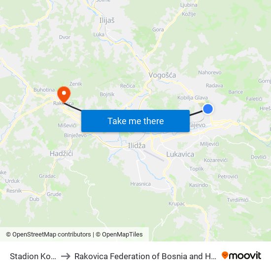 Stadion Koševo to Rakovica Federation of Bosnia and Herzegovina map