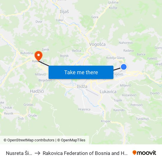 Nusreta Šišića to Rakovica Federation of Bosnia and Herzegovina map