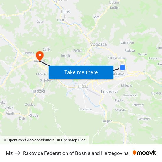 Mz to Rakovica Federation of Bosnia and Herzegovina map