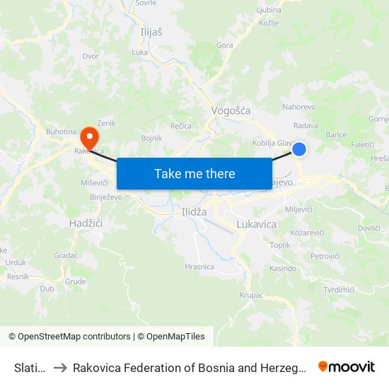 Slatina to Rakovica Federation of Bosnia and Herzegovina map