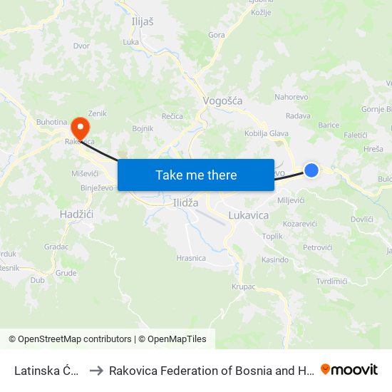 Latinska Ćuprija to Rakovica Federation of Bosnia and Herzegovina map