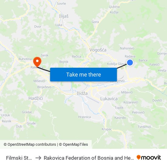 Filmski Studio to Rakovica Federation of Bosnia and Herzegovina map