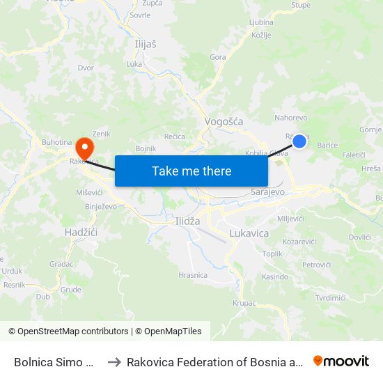 Bolnica Simo Milošević to Rakovica Federation of Bosnia and Herzegovina map