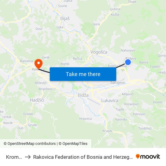 Kromolj to Rakovica Federation of Bosnia and Herzegovina map