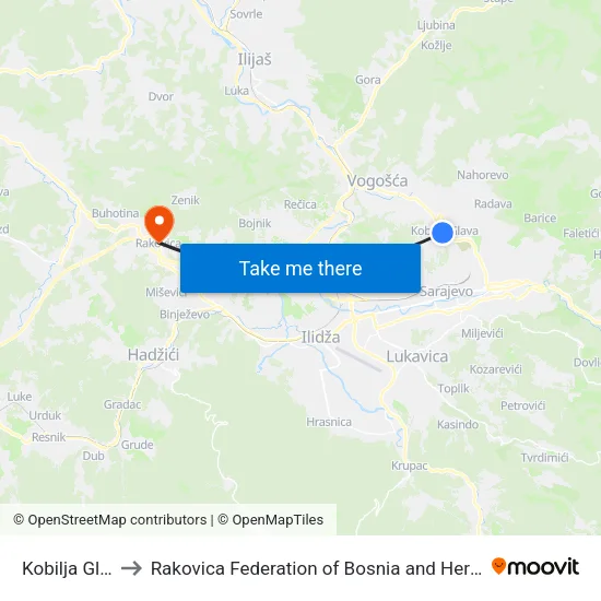 Kobilja Glava to Rakovica Federation of Bosnia and Herzegovina map