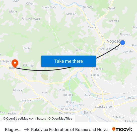 Blagovac I to Rakovica Federation of Bosnia and Herzegovina map