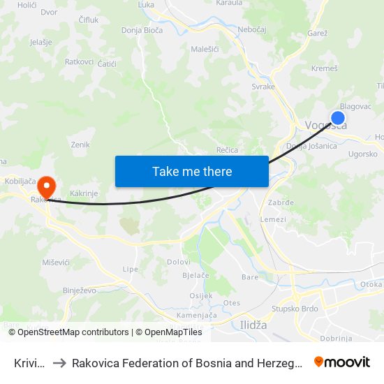 Krivina to Rakovica Federation of Bosnia and Herzegovina map