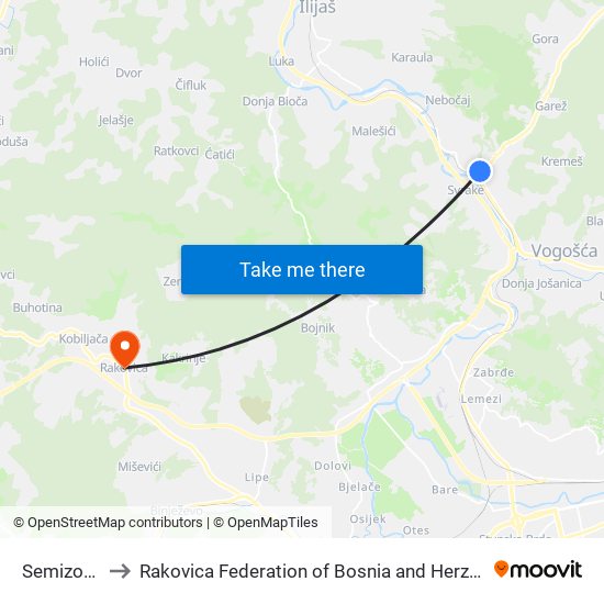 Semizovac to Rakovica Federation of Bosnia and Herzegovina map