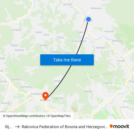 Ilijaš to Rakovica Federation of Bosnia and Herzegovina map