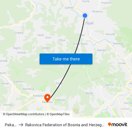 Pekara to Rakovica Federation of Bosnia and Herzegovina map