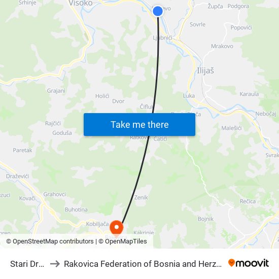 Stari Drum to Rakovica Federation of Bosnia and Herzegovina map