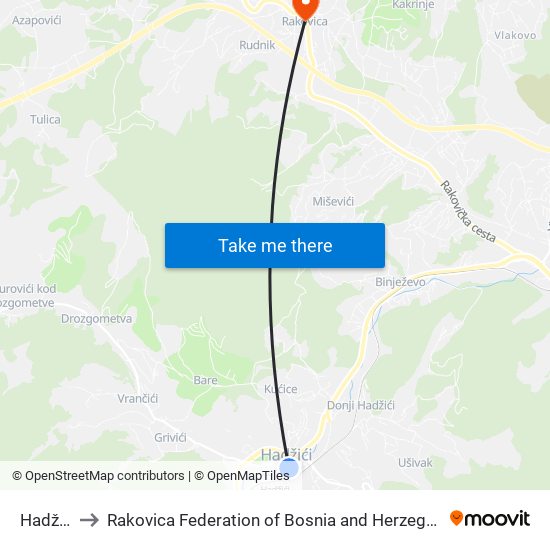 Hadžići to Rakovica Federation of Bosnia and Herzegovina map