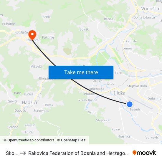 Škola to Rakovica Federation of Bosnia and Herzegovina map