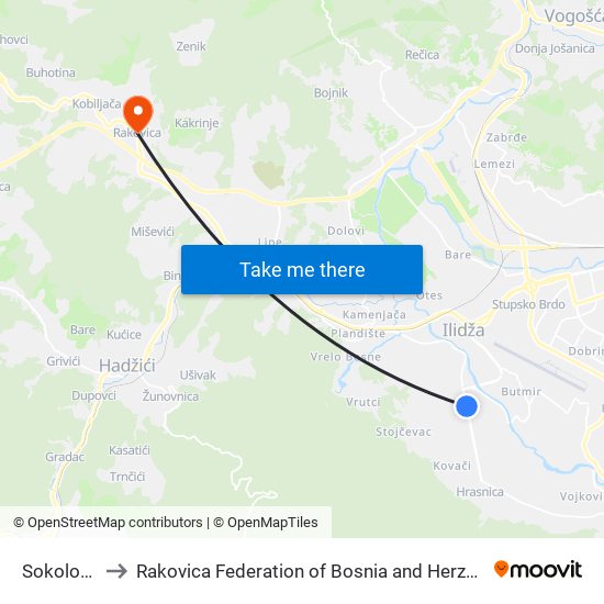 Sokolovići to Rakovica Federation of Bosnia and Herzegovina map