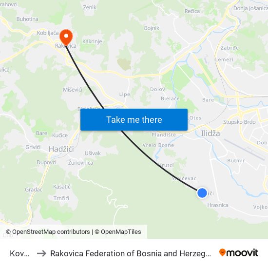 Kovači to Rakovica Federation of Bosnia and Herzegovina map