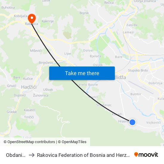 Obdanište to Rakovica Federation of Bosnia and Herzegovina map